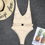 V Neck Ribbed High Cut Women Swimwear One Piece Swimsuit Female Backless Monokini with Waist Belt Bathing Suit Swim Beachwear