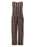 Women’s 2 Piece Summer Pant Outfits Sleeveless Plaid/Stripes Print Tank Tops + Pants Set Casual Streetwear