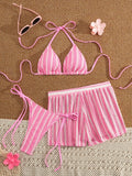 2026 Summer Women 3 Pieces Swimsuit Striped Print Halter Lace-up Backless Swimwear Sexy Micro Bikini Set Shorts Suits Beachwear