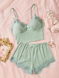 Women Sleepwear 2pcs Floral Contrast Lace Pajama Set V Neck Solid Color Bow Top & Shorts Suit Home Clothes Loungewear