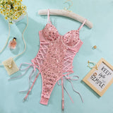 New Pink Sequin Hollow Out Bodysuits Elegant Backless Deep V Suspenders Sleeveless Bodysuits For Women Transparent Charming ZHAN