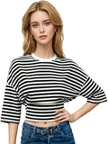 Women Summer Fashion Casual Elbow Sleeve T-Shirts Stripe Cinched Waist Crew Neck Tops Streetwear
