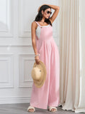 Women Fashion Jumpsuits Sleeveless Buttons Suspender Wide Leg Pant Overalls with Pockets Casual Loose Romper Streetwear