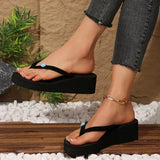 Women's Flower Decor Med Heel Flip Flops Simple Style Black Wedge Clip Toe Slides Woman Summer Outdoor Med Heel Slippers Mujer