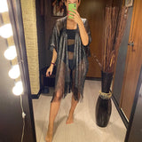Sexy Fringe Tassel Mesh Sheer Shiny Knitted Tunic Beach Cover Up Cover-ups Beach Dress Beach Wear Beachwear Female Women V3321