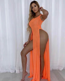 Summer Bikini Cover Up Women Beach Sundress Sexy Mesh Sheer Long Dress Solid See-through Sleeveless Strap Beach Dress