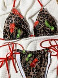 Sexy Leopard Cherry Bikini Red String Extrem Backless Swimsuit Tanga Halter Swimwear Women Bathing Suit Beach Outfit Bikinis Set