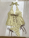 Sexy Yellow Polka Dot Print Bikini Set Swimwear Women Front Tie Push Up Padded Tank Top Drawstring Side High Waist Swimsuit 2026