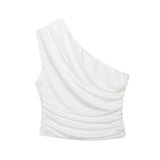 Women's One Shoulder Top Long Pants Set White Strapless Ruched Crop Top And Mesh Flare Pants Two Piece Set Out Party Outfit LNBK