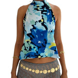 Women Halter Tops Sleeveless Backless Dots/Flower Print Summer Vest for Club Party Summer Tank Top