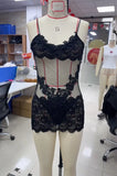 Sexy Women's Lace Lingerie Set Slim Fit Sheer See Through Spaghetti Strap Mini Bodycon Dress with Thong 2 Pcs Set