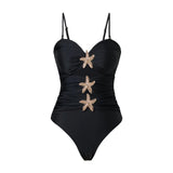 Vintage White Khaki Patchwork Swimwear Women 2026 Starfish Ornament Hollow Pleate One Piece Swimsuit Beach Bathing Suit Monokini