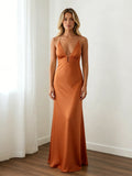 Summer Women's Satin Long Dress Spaghetti Strap Sleeveless V Neck Cutout Slim Fit Elegant Dress for Party Evening Solid Color