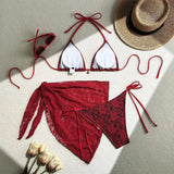 Sexy Lace Micro Mini String Halter Bikinis Sets 3pcs with Cover Skirt Black and Red 2 Color Swimwear Swimsuit Bathing Suit