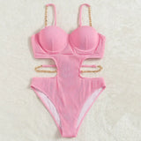 Sexy Push Up Underwire One Piece Swimsuit Women Solid Pink Metal Chain Hollow Out Ribbed Bathing Suit Backless Swimwear Monokini