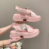 Fashion Crystal Buckle Platform Sandals Women Pink Embroidery Thick Heels Sandalias Mujer Comfortable Heightened Rome Sandals