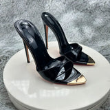 Black glossy  Female High Heels Open Toe Slides Trending Breathable Women Summer Outfit Casual Shoes12cm Sandals