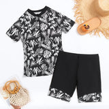 2026 Summer New Women Two-Piece Surfing Suit,fashion Leaf Print Conservative Tankini,Short-sleeve Zipper Swimsuit,beach Swimwear
