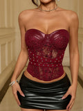 Sexy Black Lace Mesh Sheer Corset Top Spicy Girls Bandeau PU Leather Patchwork Fishbone Bustier See Through Rivet Club Camisole