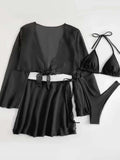 4 Pieces Thong Bikini 2026 Women With Top and Dress Black Swimwear Female Halter Swimsuit Beachwear Bathing Swimming Suit Summer