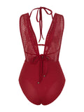 S - XL Deep V Neck Knit Fishnet Mesh One Piece Swimsuit Women Swimwear Female Backless Monokini High Leg Cut Bathing Suit Swim
