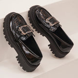 Fashion Metal Decor Platform Loafers Women 2026 Slip On Thick Sole Oxford Shoes Woman Plus Size Snake Pattern Pu Leather Shoes