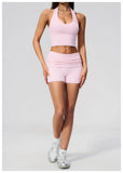 2PCS Yoga Set Women V-neck Cross Neck Shock-absorbing Sports Vest Workout Pleate Flip High Waist Shorts Gym Runing Fitness Suits