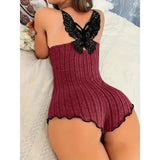 Women's Ribbed Lace Trim Cami Romper - Spaghetti Strap Backless Sleepwear, Soft Knit Lingerie Bodysuit for Sweet & Cozy Nights