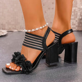 Fashion Flowers High Heel Sandals Women Summer Elastic Strap Slip On Thick Heeled Sandals Woman Plus Size Square Toe Party Shoes