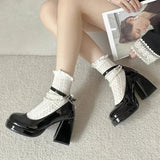 10cm Super High Heels Mary Jane Shoes Women Fashion Patent Leather Platform Pumps Woman Pearls Chain Ankle Strap Party Shoes