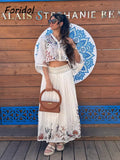 Foridol Marine Organism Embroidery Batwing Sleeve Summer Spring Maxi Skirt Set Cotton White Tassle Dress Set Outfits Button Suit