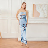Women Floral Print Tie Backless Dress for Bohemian Party Evening Ring Cut Out Strapless Bodycon Long Dresses