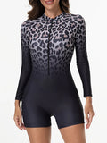 2026 Zipper Rushguard Long Sleeve Surfing Swimsuit Women One Piece Leopard Swimwear Female Bather Bathing Swimming Swim Suit XXL