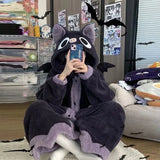 Cartoon Bat Plush Women's Pajamas Robes Anime Nightgown Winter Kawaii Animal Night Dress Halloween Party Vampire Cosplay Costume