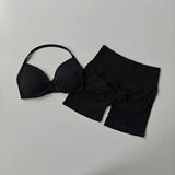 2PCS Backless Sports Bra High-Waisted Yoga Shorts Set Sexy Neck Hanging Design Abdomen Hip Lifting Fitness Outfit
