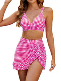 Vintage Black Plaid Drawstring Side Skirt 3 Piece Bikini Set 2026 Swimwear Women V Neck Push Up High Waist Swimsuit Beachwear