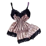 Summer Lace Sleepwear Sexy Satin Pajamas Set Women Nightshirt 2 Pieces Crop Tops and Shorts Set Homewear Loungewear