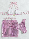 3PCS with Skirt Shiny Snake Skin Bikini Women Swimwear Female Swimsuit Three-pieces Bikini Set Halter Bathing Suit Beach Wear