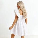 Women Summer Solid Color A-Line Dress Casual Sweetheart V-Neck Flutter Sleeves Mini Dresses for Beach Party Club