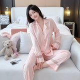 Lace splicing light luxury pajamas for women long-sleeved ice silk silk early spring comfortable home wear set