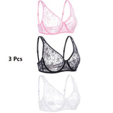 3 Pcs Womens Lace Bra Underwire BH Hollow Out Embroidery Perspective Sexy Underwear Lingerie Tops Plus Size Brassiere
