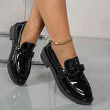 Chain Decor Patent Leather Women's Loafers Comfortable Slip On Med Heel Student Shoes Woman Plus Size Point Toe Oxford Shoes 42