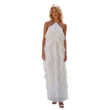 Women Fashionable Backless Sleeveless Ruffle Dresses Summer Holiday Beach  Solid Color Halter Long Dress