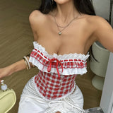 Summer Red Plaid Fishbone Corset Top Chic Strapless Lace Trim Waist Cinching Tank Top 2026 Tied Rope Club Daily Camis Vest
