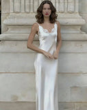 Women's Fashion Casual Style Satin Ice Silk Strap V-Neck Dress Pure Desire Dress Elegant White Satin Lace Trim Dress Party 6TFA