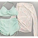 New Sweet Long Sleeve Dot Print Cover Up 3 Piece Bikini Set 2026 Swimwear Women Push Up Bra Drawstring Side High Waist Swimsuit