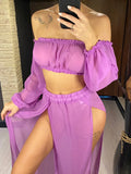 2026 Leopard Off Shoulder Long Sleeve 2 Pieces Set Beach Cover Up Cover-ups Beach Dress Beach Wear Beachwear Female Women V3728