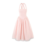 French Style Backless Cross-strap Halter Neck Dress For Women With Hard Mesh Panels Waist-cinching Pleated Large Hem Casual FYR0