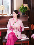 New Chinese style pajamas with breast pads, simulated silk, ice silk home wear, satin jacquard pajamas set