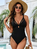 Sexy Black Drawstring Side One Piece Swimsuit 2026 Women V Neck Mesh Patchwork Slim Tummy Control Bathing Suit Holiday Swimwear